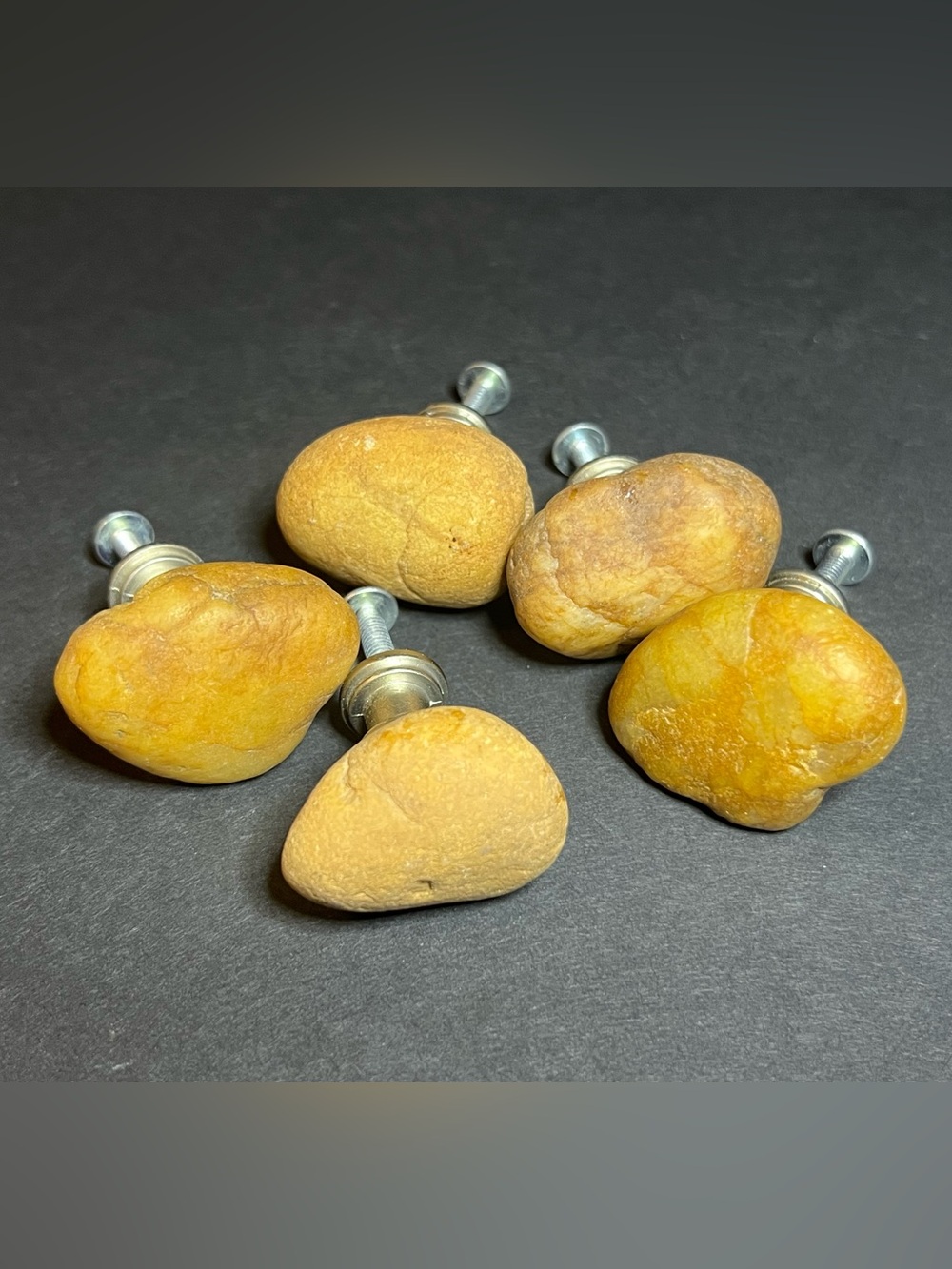 Set of 5 Handcrafted Real Rustic Natural Tan Stone Rock Cabinet Door Knob Pulls